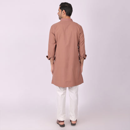 Earthy Brown Festive Kurta with Neck & Placket Embroidery