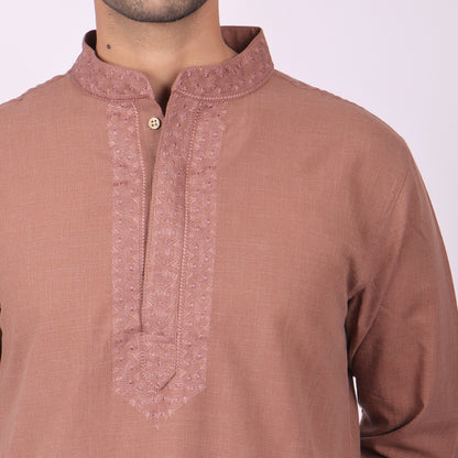 Earthy Brown Festive Kurta with Neck & Placket Embroidery