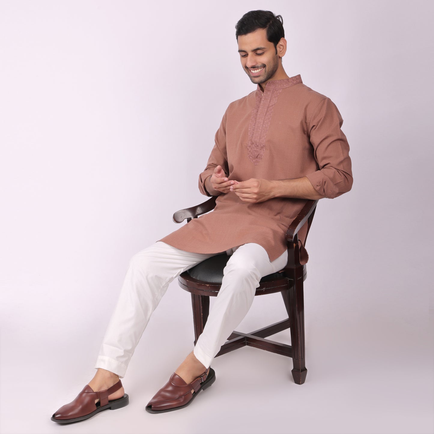 Earthy Brown Festive Kurta with Neck & Placket Embroidery