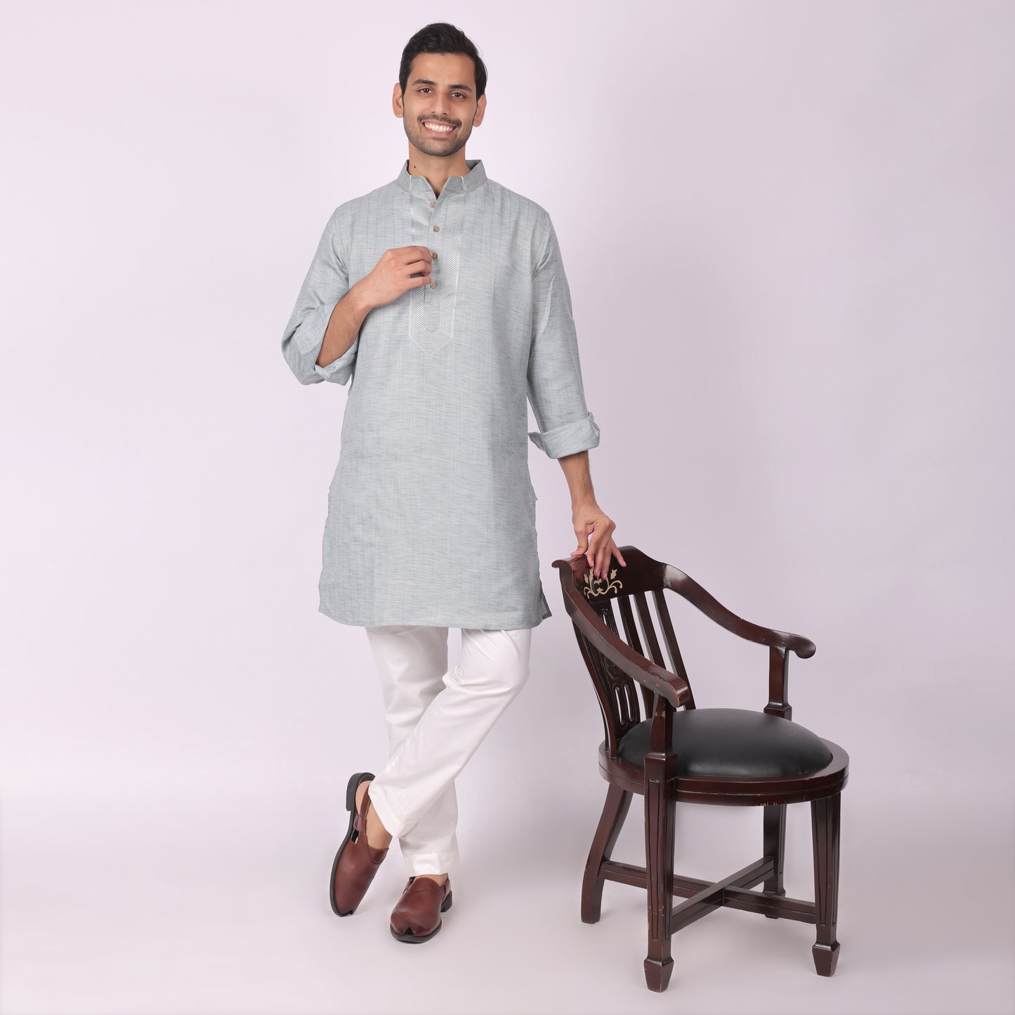 Ivory Silver Kurta with Heritage Embroidery