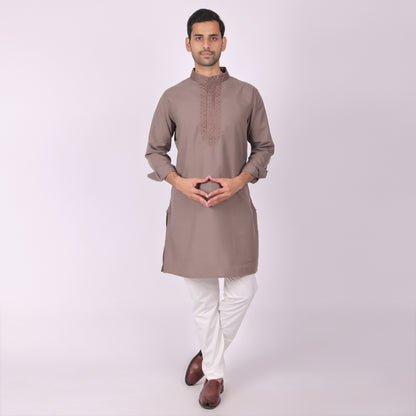 Dark Brown Festive Kurta with Neck & Placket Embroidery