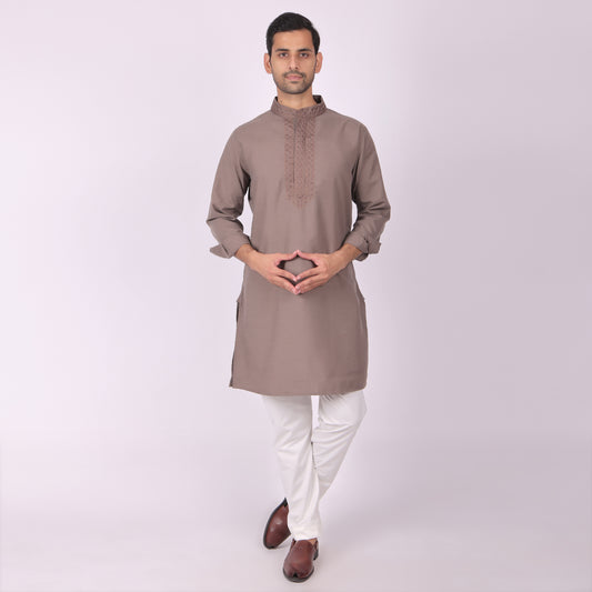 Dark Brown Festive Kurta with Neck & Placket Embroidery