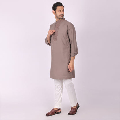 Dark Brown Festive Kurta with Neck & Placket Embroidery