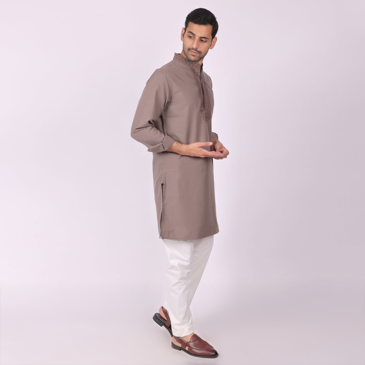 Dark Brown Festive Kurta with Neck & Placket Embroidery