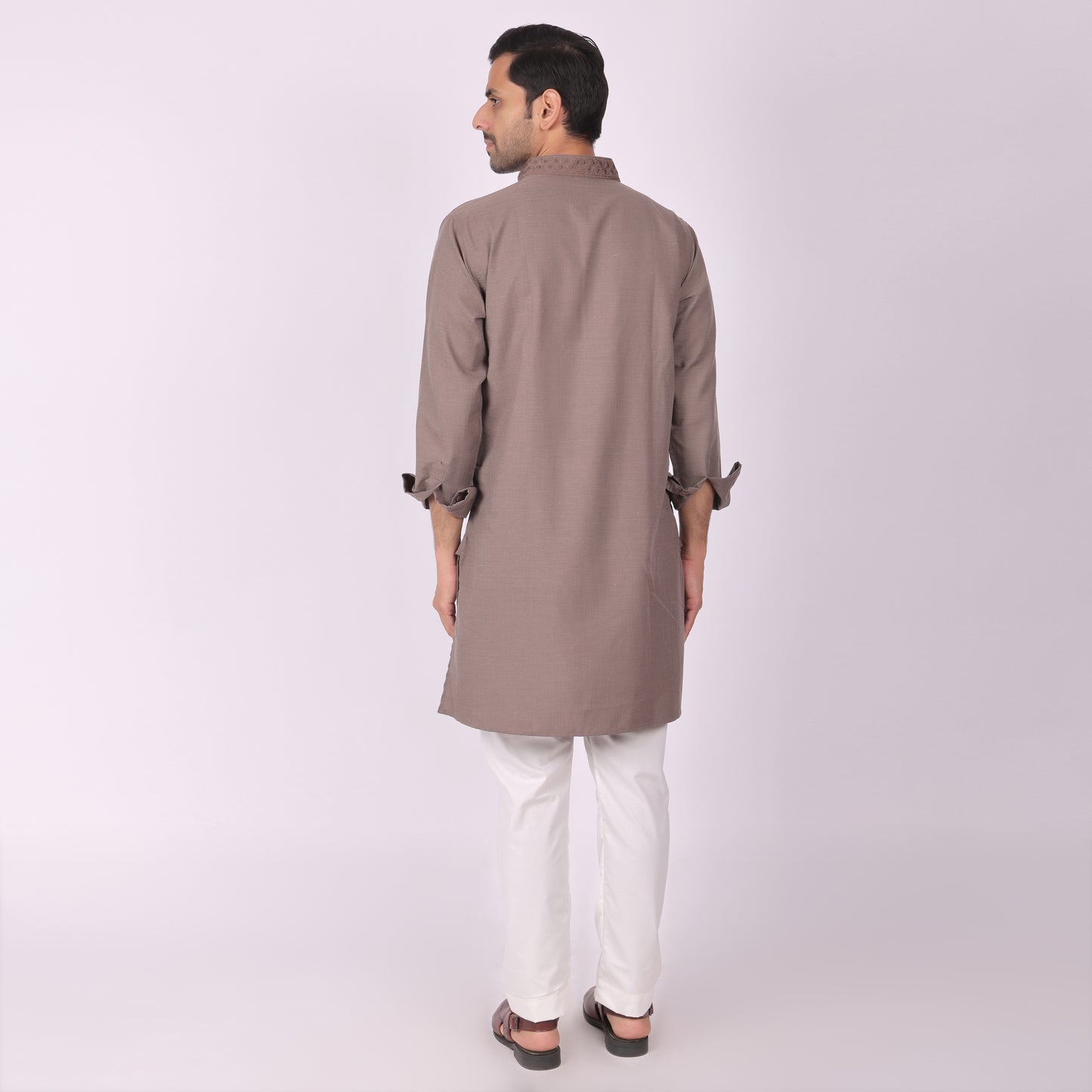 Dark Brown Festive Kurta with Neck & Placket Embroidery