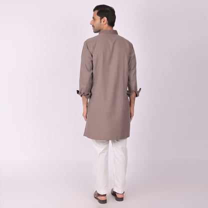 Dark Brown Festive Kurta with Neck & Placket Embroidery