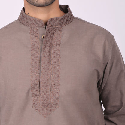 Dark Brown Festive Kurta with Neck & Placket Embroidery