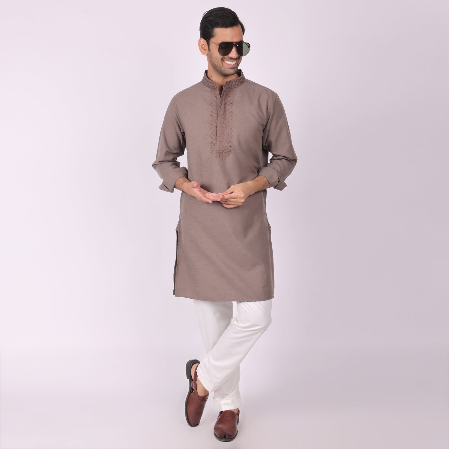 Dark Brown Festive Kurta with Neck & Placket Embroidery