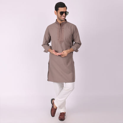 Dark Brown Festive Kurta with Neck & Placket Embroidery