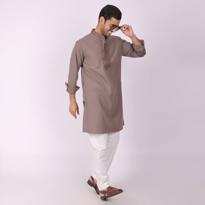 Dark Brown Festive Kurta with Neck & Placket Embroidery