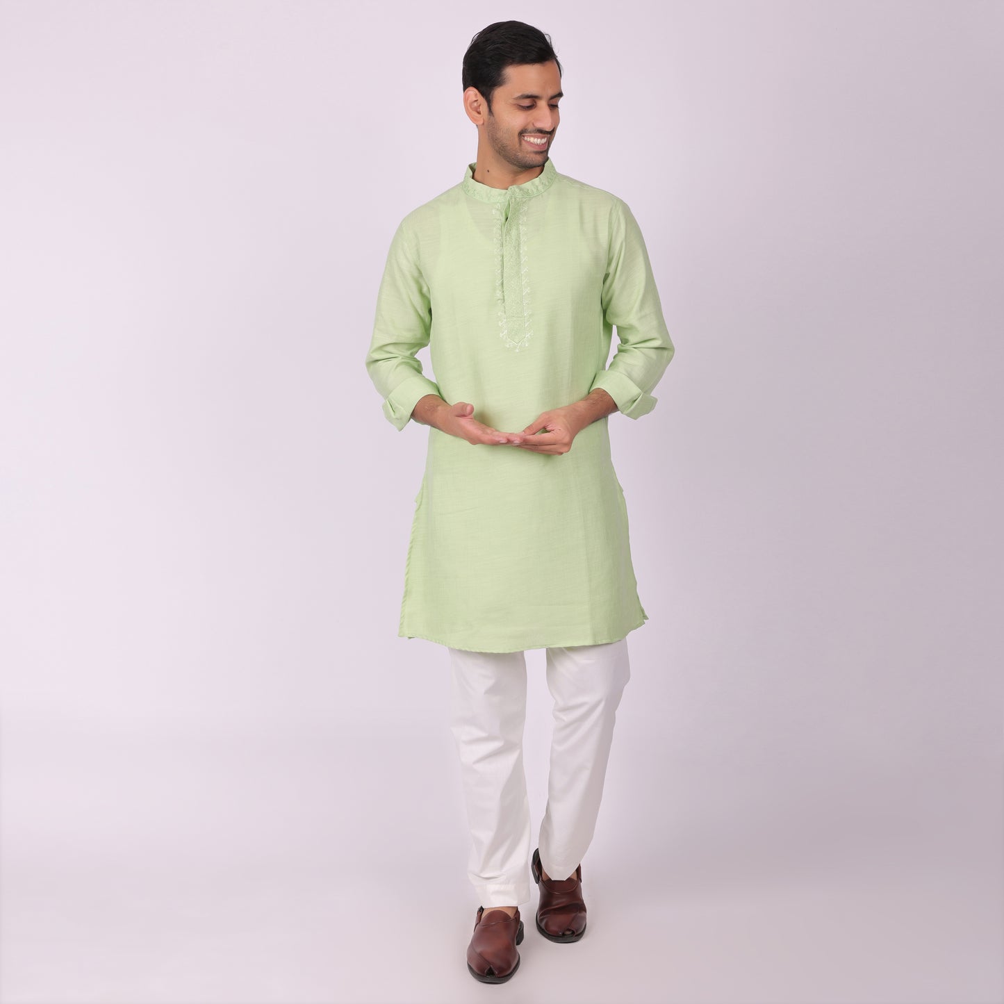 Pista Elegance Light Green Embroidered Festive Kurta