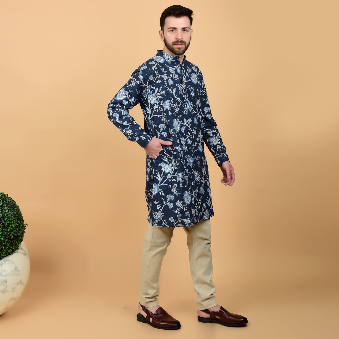 Navy Bloom Printed Kurta