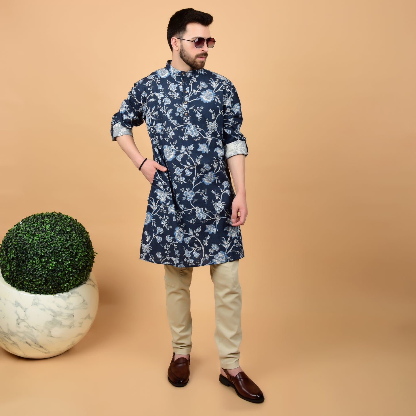 Navy Bloom Printed Kurta