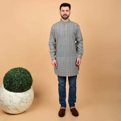 Ecru Bleu Block Printed Kurta