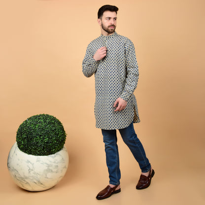 Ecru Bleu Block Printed Kurta