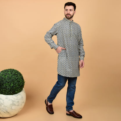 Ecru Bleu Block Printed Kurta
