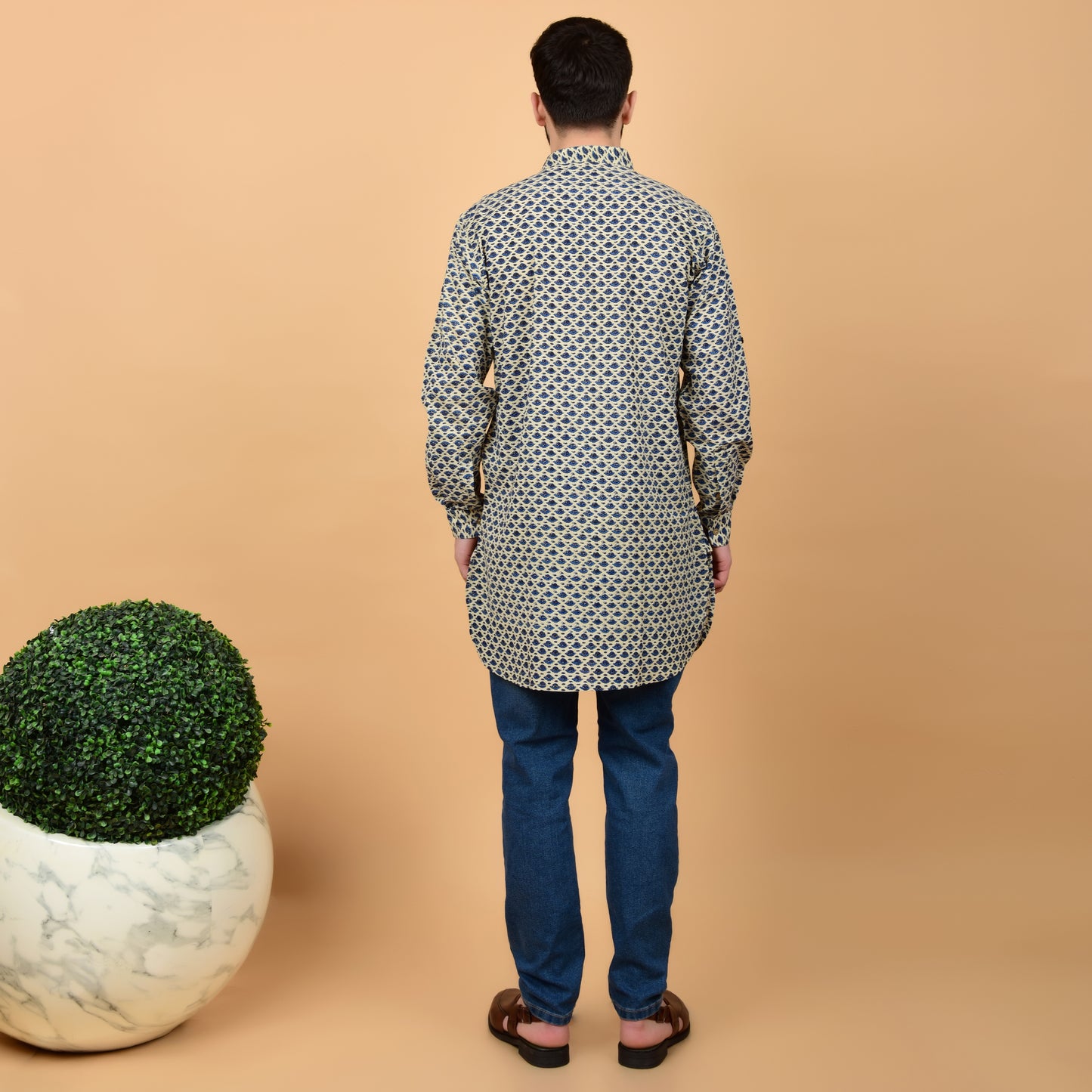 Ecru Bleu Block Printed Kurta