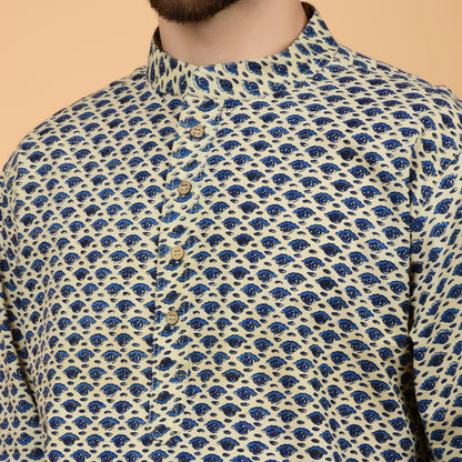 Ecru Bleu Block Printed Kurta