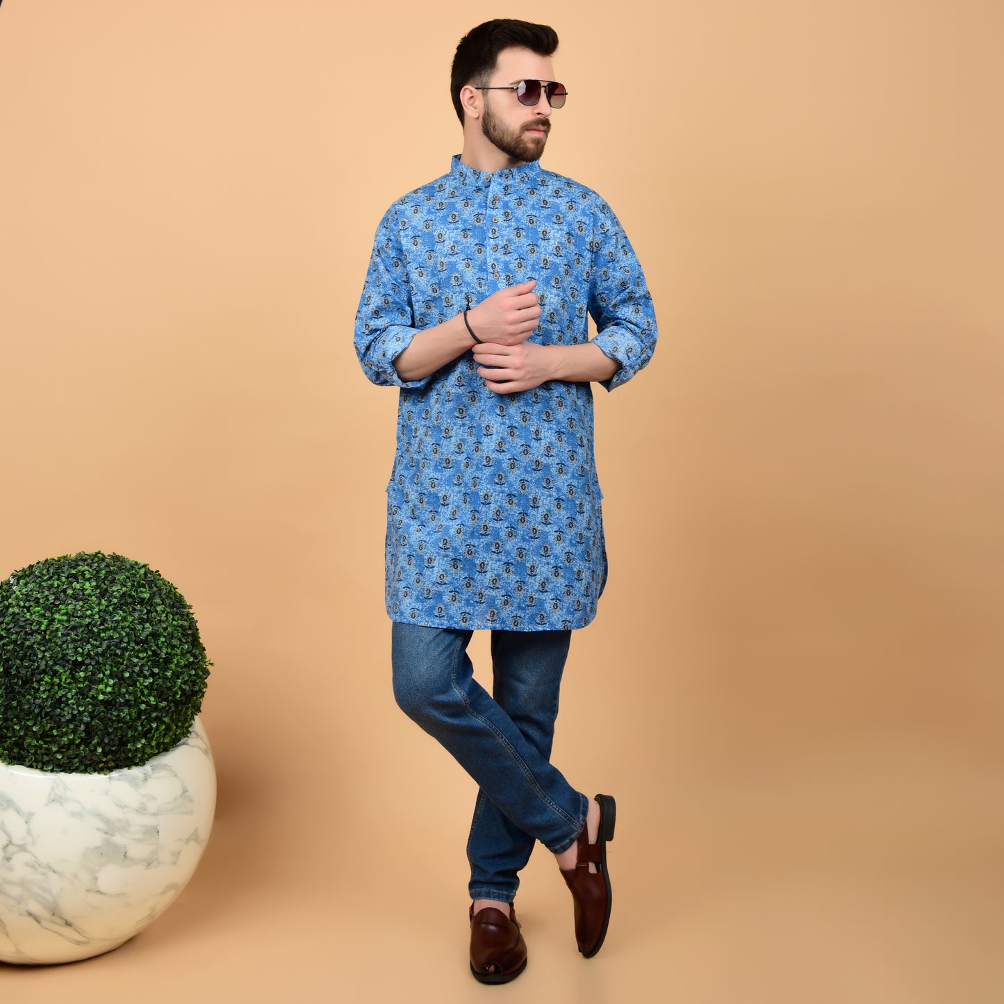 Teal Printed Comfort-Fit Kurta