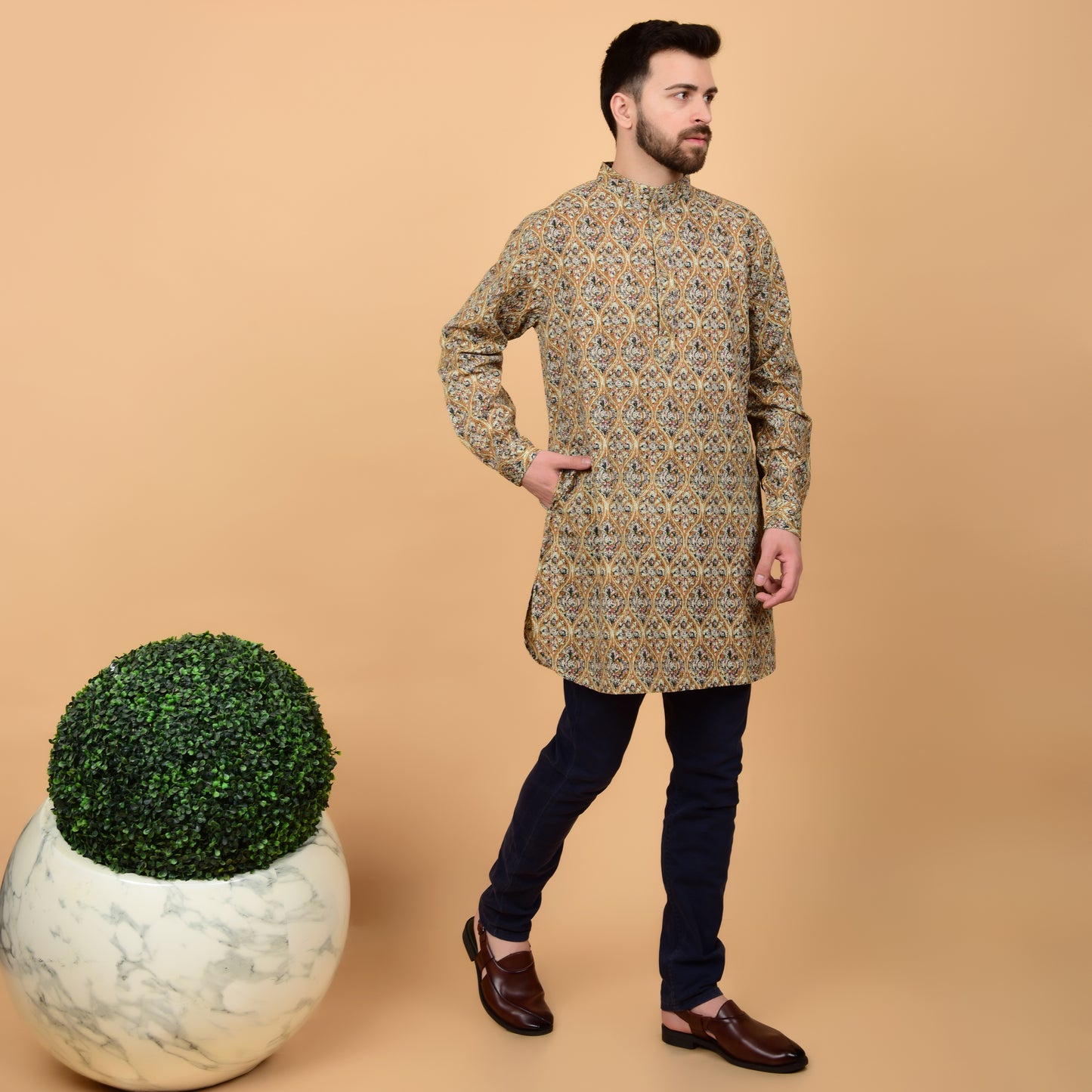 Mustard Kantha Printed Kurta