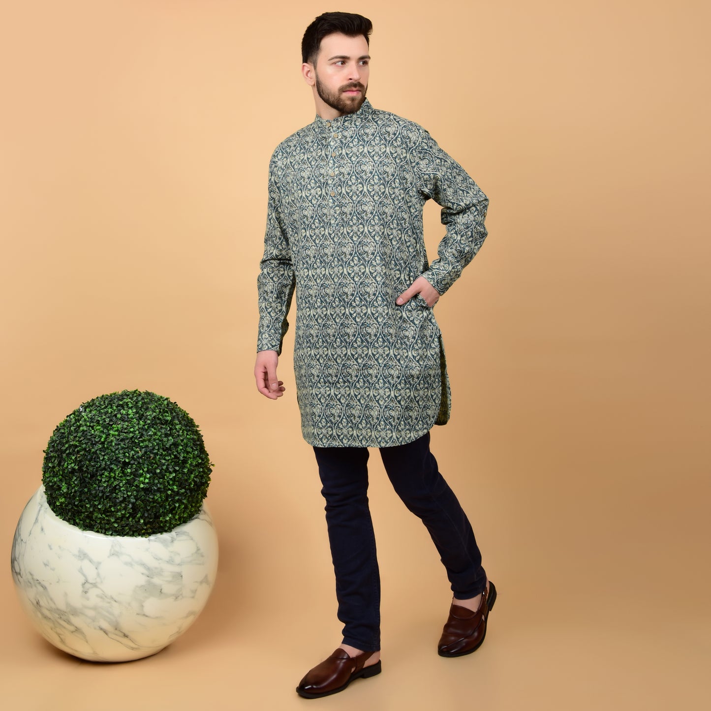 Teal Kantha Printed Kurta
