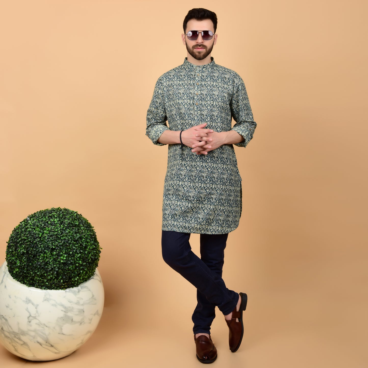 Teal Kantha Printed Kurta